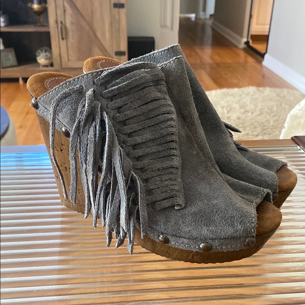Sbicca Gray Fringe Wedge Sandals